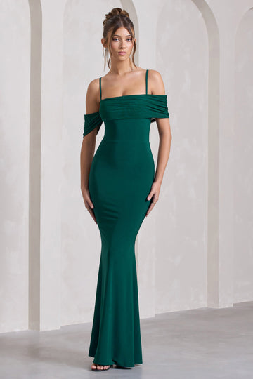 Miracle Bottle Green Strappy Mesh Bardot Maxi Dress